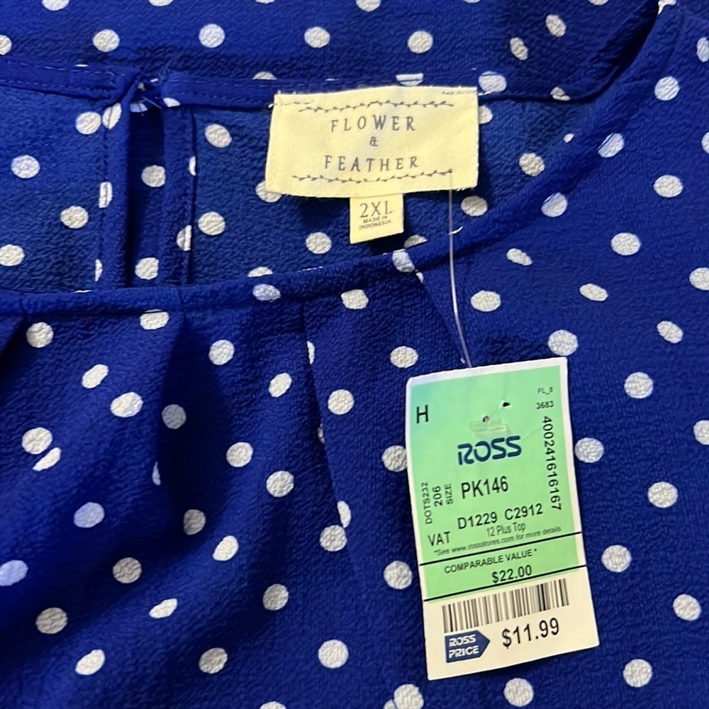 Flower & Feather Women’s Plus Size 2XL Blue Polka Dot Blouse Flutter Sleeve Top - Picture 2 of 4